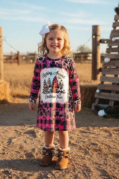 DLH2571 Rocking around the Christmas Tree prints pink girls dress