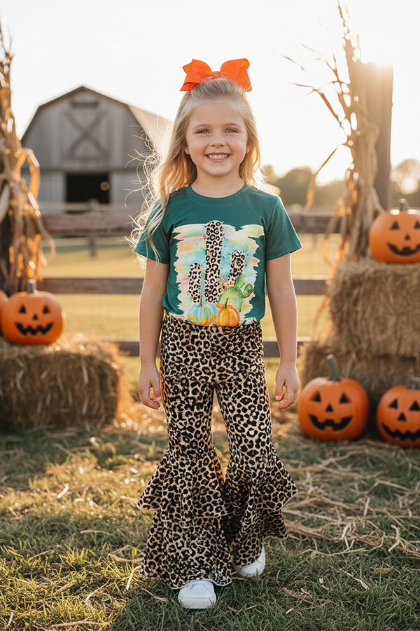 Western leopard cactus & pumpkin top bell bottom halloween girls boutique set DLH2576