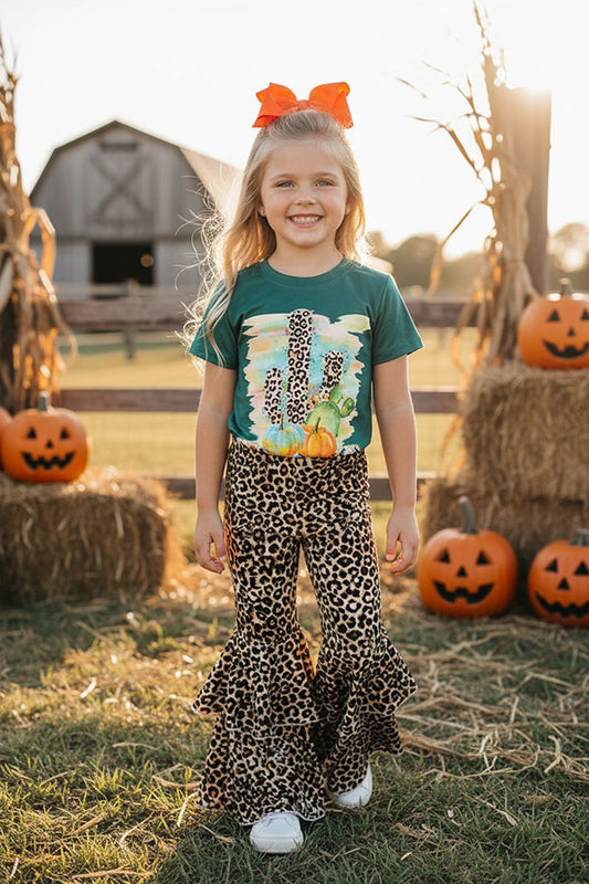 Western leopard cactus & pumpkin top bell bottom halloween girls boutique set DLH2576