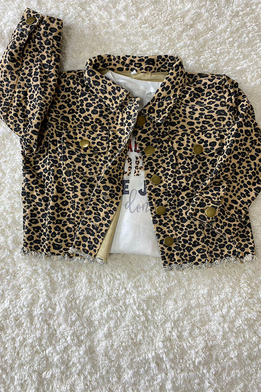 Kids Leopard printed long sleeve denim jacket w/pocket DLH2582