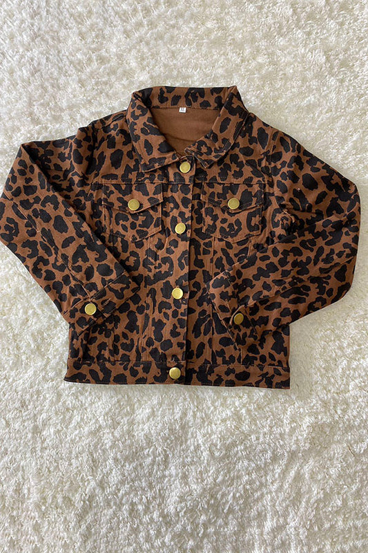 Kids Brown leopard printed long sleeve denim jacket DLH2583