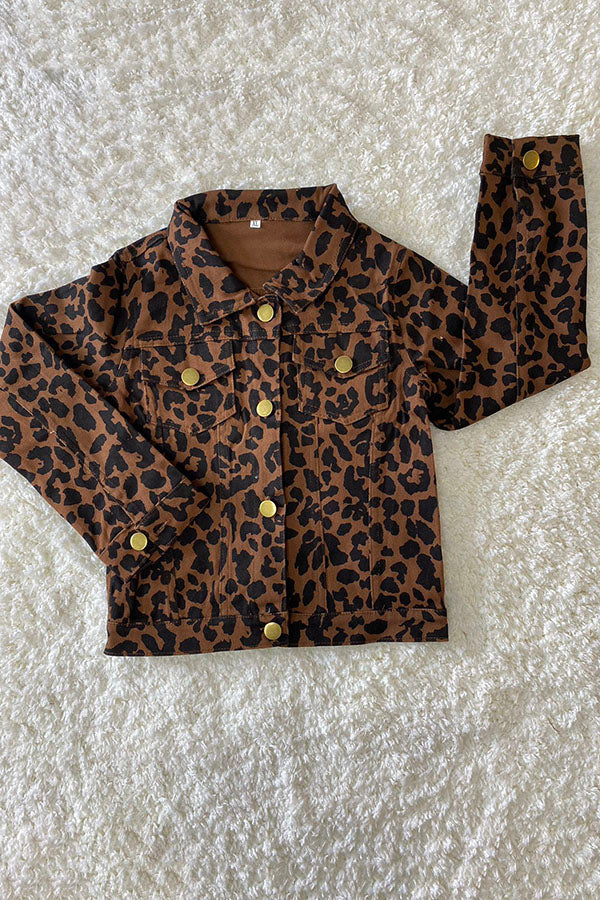 Kids Brown leopard printed long sleeve denim jacket DLH2583