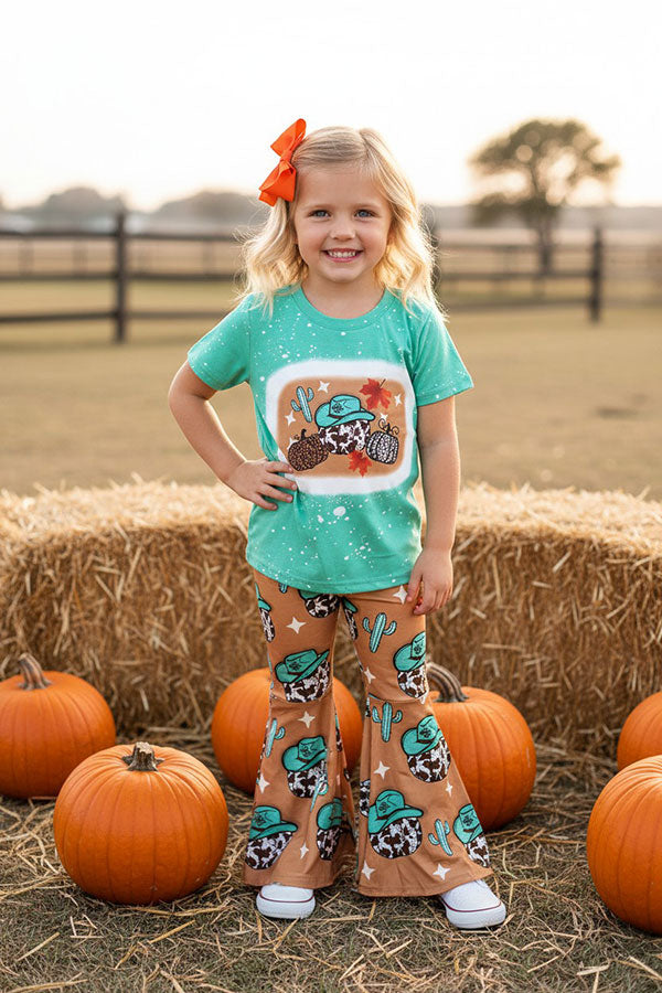 Halloween cowgirls pumpkin green top & pant girls boutique set DLH2585