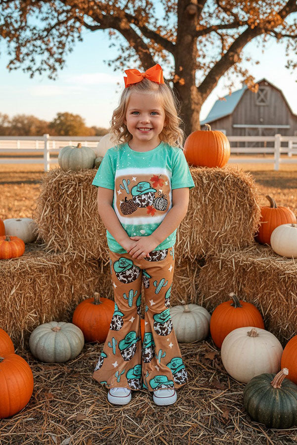 Halloween cowgirls pumpkin green top & pant girls boutique set DLH2585