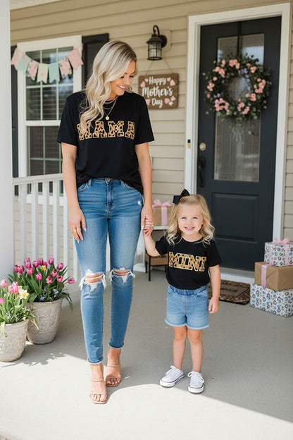 Mom and me Leopard MINI embroidered black short sleeve girls top DLH2590