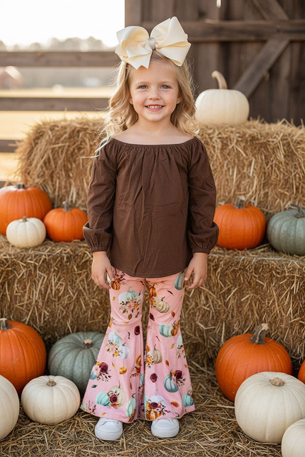Halloween brown top pumpkin bell bottom girls boutique set DLH2597