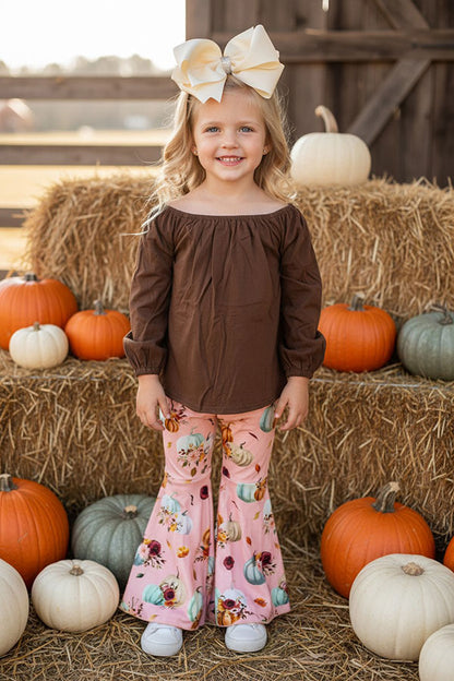 Halloween brown top pumpkin bell bottom girls boutique set DLH2597