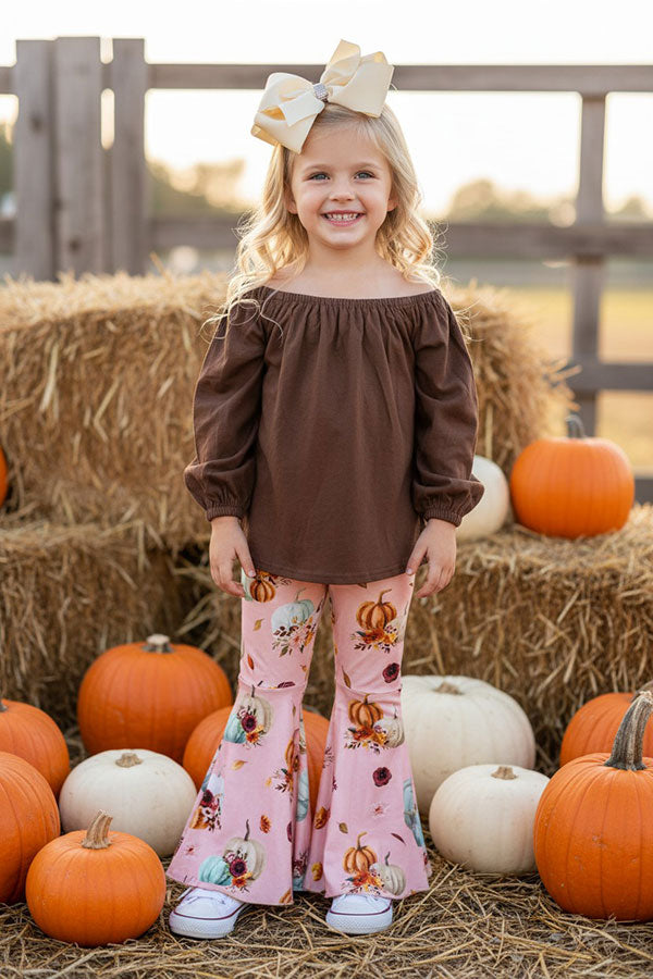 Halloween brown top pumpkin bell bottom girls boutique set DLH2597