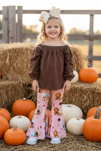 Halloween brown top pumpkin bell bottom girls boutique set DLH2597