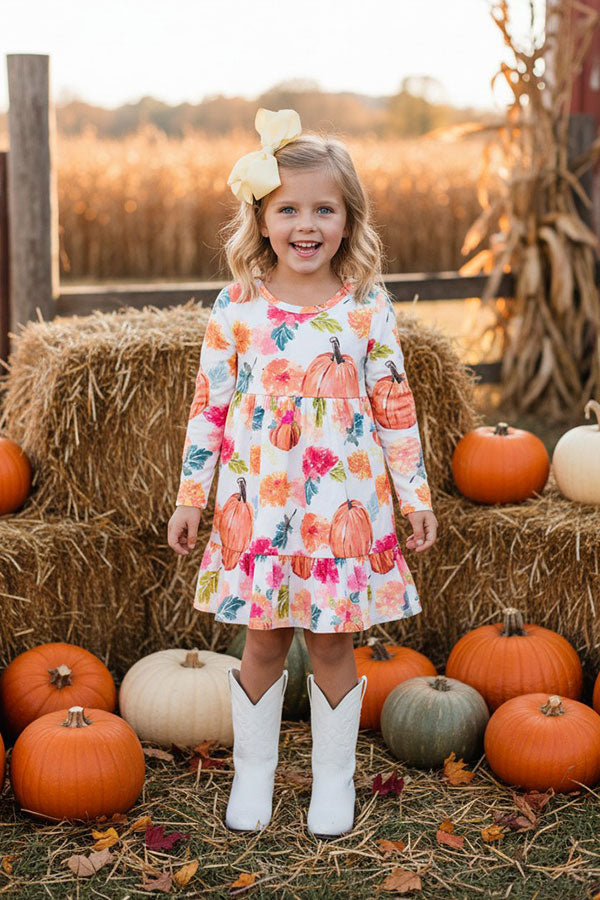 Halloween pumpkin long sleeve tiered girls boutique dress DLH2608