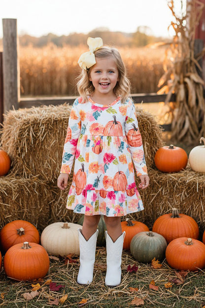 Halloween pumpkin long sleeve tiered girls boutique dress DLH2608