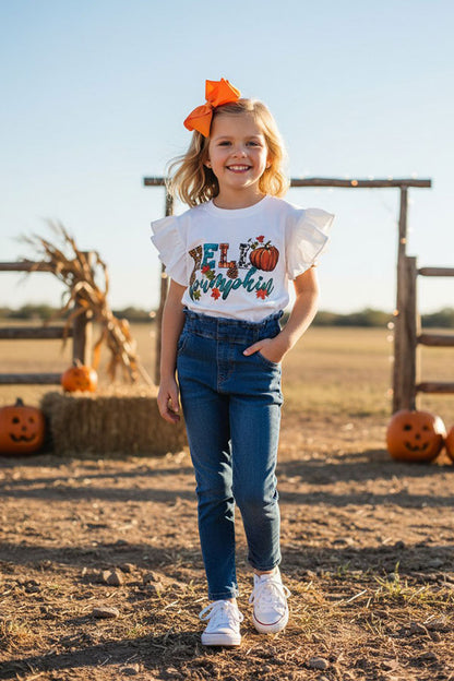 Halloween HELLO Pumpkin white ruffle girls boutique top DLH2614