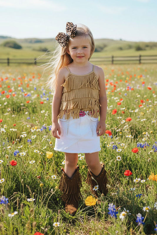 Western Kids Tan suede fringe tassel top & skirt 2pc girls set DLH2615/DLH2619