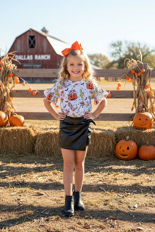 Halloween pumpkin & ghost printed ruffle short sleeve girls top DLH2617