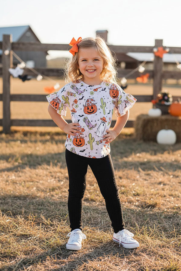 Halloween pumpkin & ghost printed ruffle short sleeve girls top DLH2617