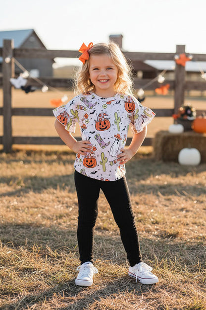 Halloween pumpkin & ghost printed ruffle short sleeve girls top DLH2617