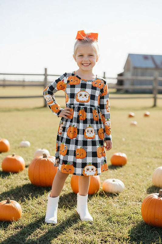 Western pumpkin & black/white checkered girls boutique dress DLH2627