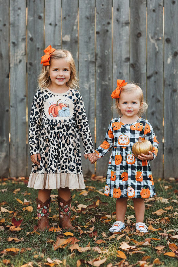Western pumpkin & black/white checkered girls boutique dress DLH2627