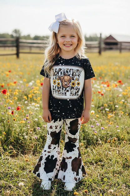 Western cowgirl black short sleeve top cow bell bottom 2pc girls boutique sets DLH2636