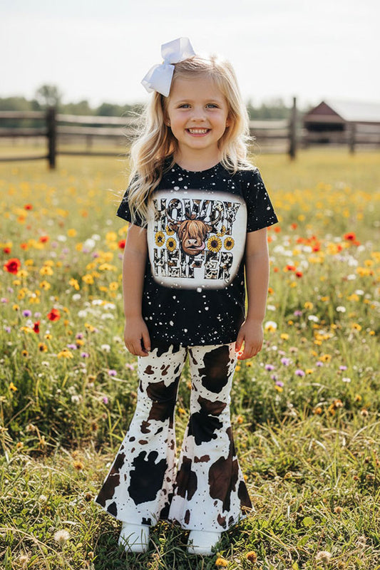Western cowgirl black short sleeve top cow bell bottom 2pc girls boutique sets DLH2636