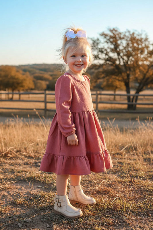 Long sleeve coral color corduroy girls swirl dress DLH2642