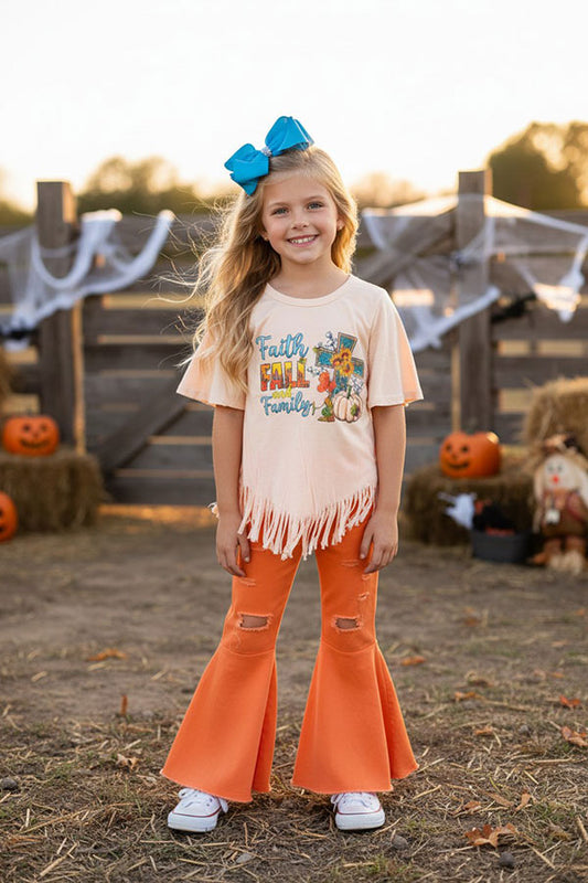 Halloween Faith Fall family pumpkin bell sleeve girls boutique top DLH2645