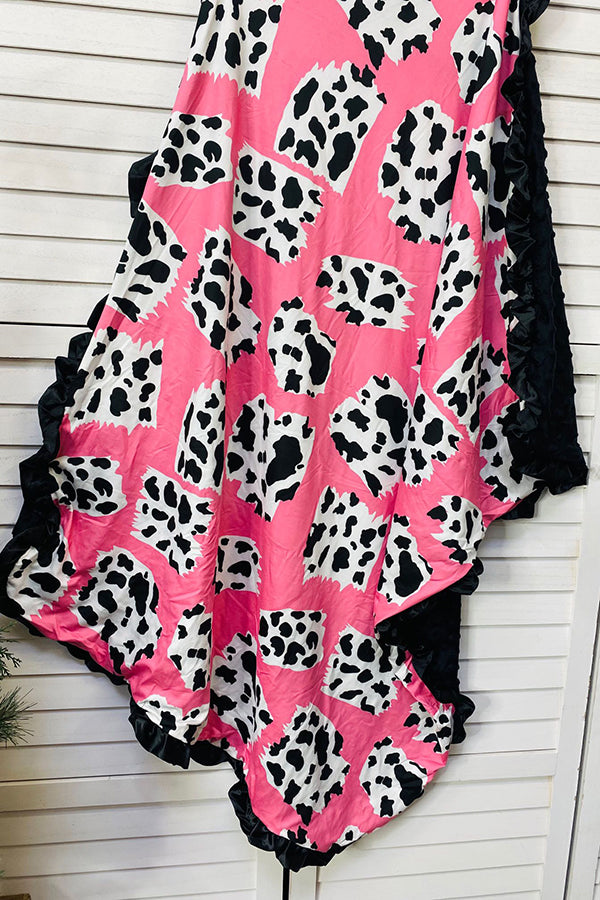DLH2656 Leopard printed w/ruffle reversible minky baby banket
