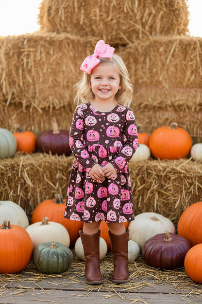 Halloween pumpkin brown long sleeve girls boutique dress DLH2664