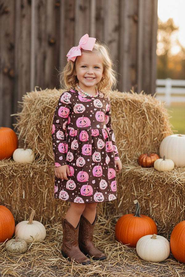 Halloween pumpkin brown long sleeve girls boutique dress DLH2664