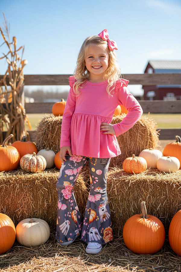 Halloween Pink & gray ghost, roses, & pumpkins girls boutique set DLH2666