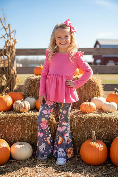 Halloween Pink & gray ghost, roses, & pumpkins girls boutique set DLH2666