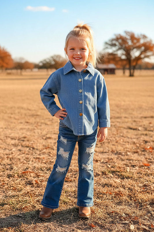 DLH2689 Unisex denim blue long sleeve kids blouse top