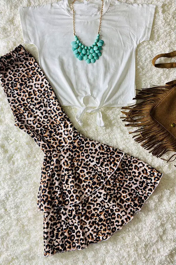 Western White tie top leopard double ruffle bell bottom girls boutique set DLH2697