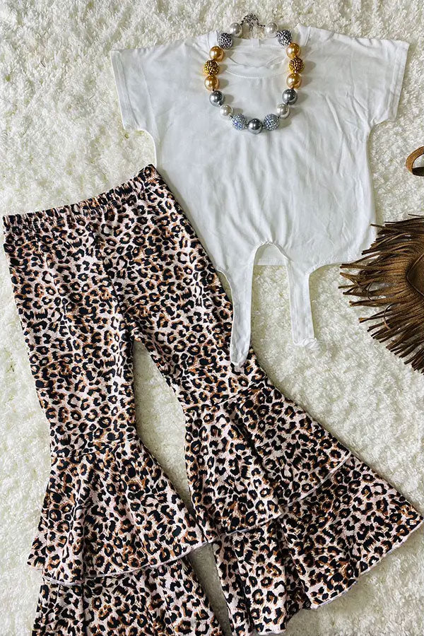 Western White tie top leopard double ruffle bell bottom girls boutique set DLH2697
