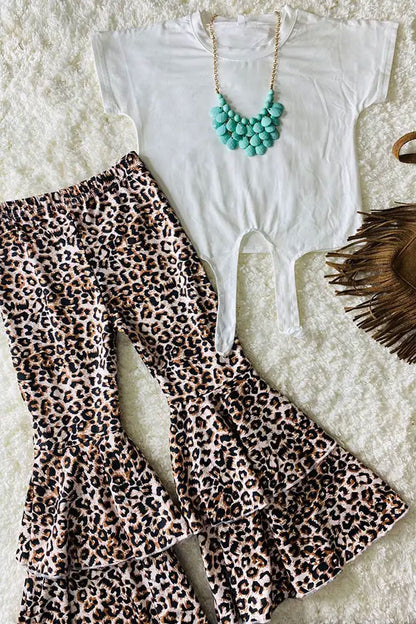Western White tie top leopard double ruffle bell bottom girls boutique set DLH2697