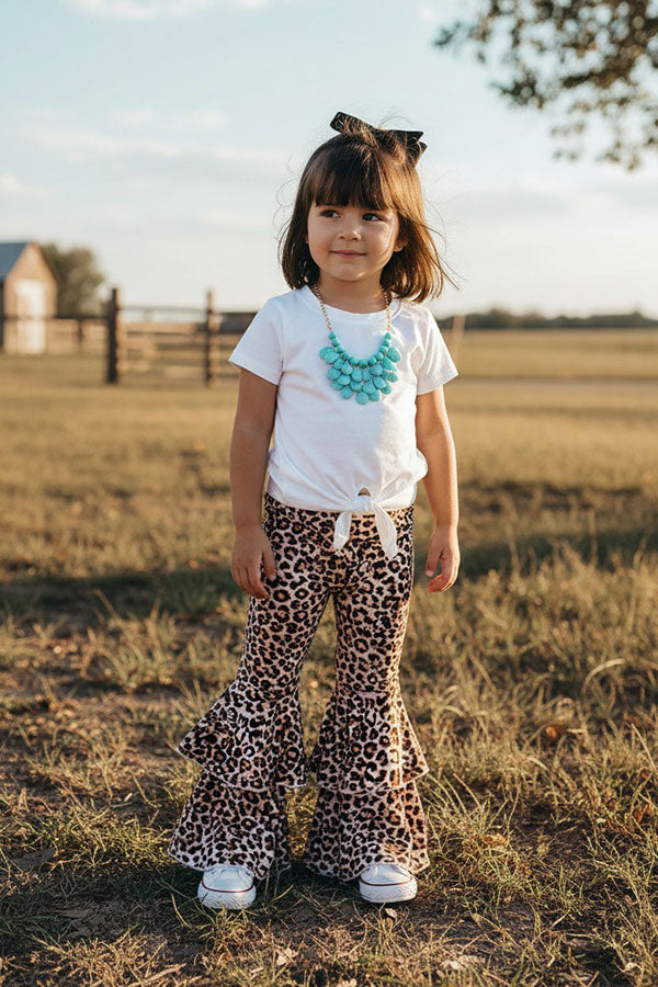 Western White tie top leopard double ruffle bell bottom girls boutique set DLH2697