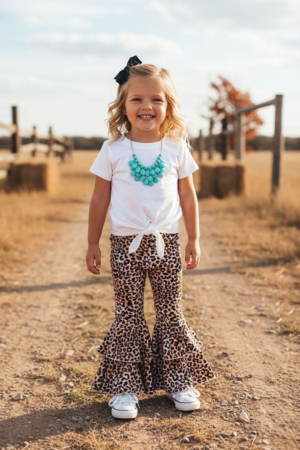 Western White tie top leopard double ruffle bell bottom girls boutique set DLH2697