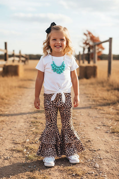 Western White tie top leopard double ruffle bell bottom girls boutique set DLH2697