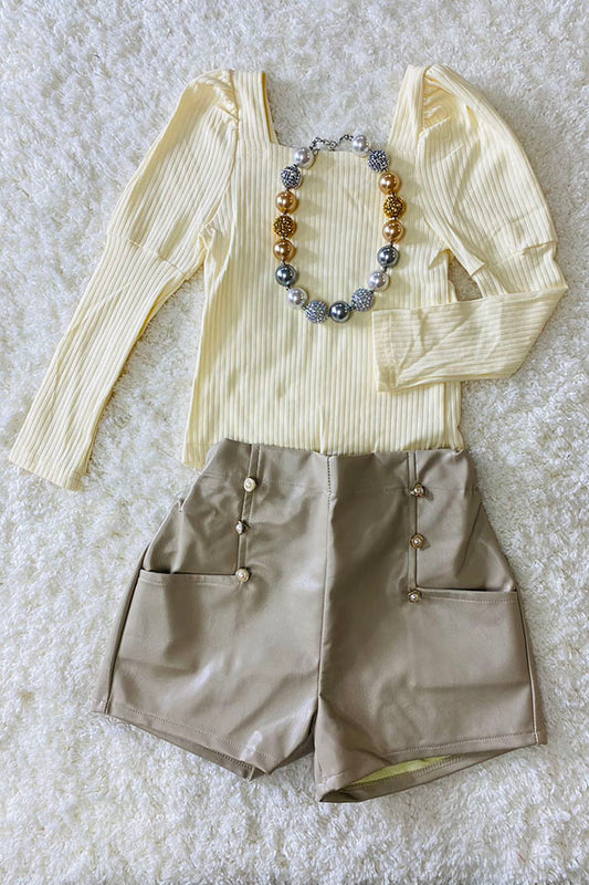 Cream long sleeve top & Leather shorts 2pc sets DLH2717