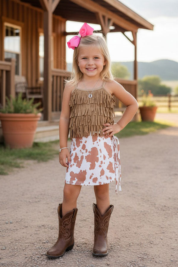 Western cow printed tassels girls boutique skirt DLH2718