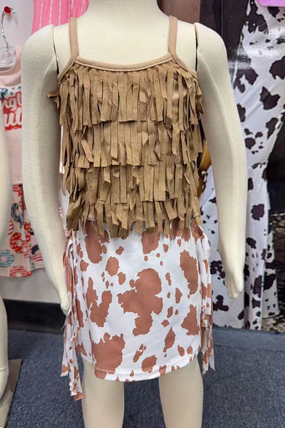 Western cow printed tassels girls boutique skirt DLH2718