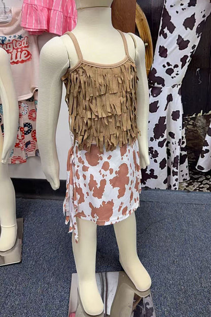 Western cow printed tassels girls boutique skirt DLH2718