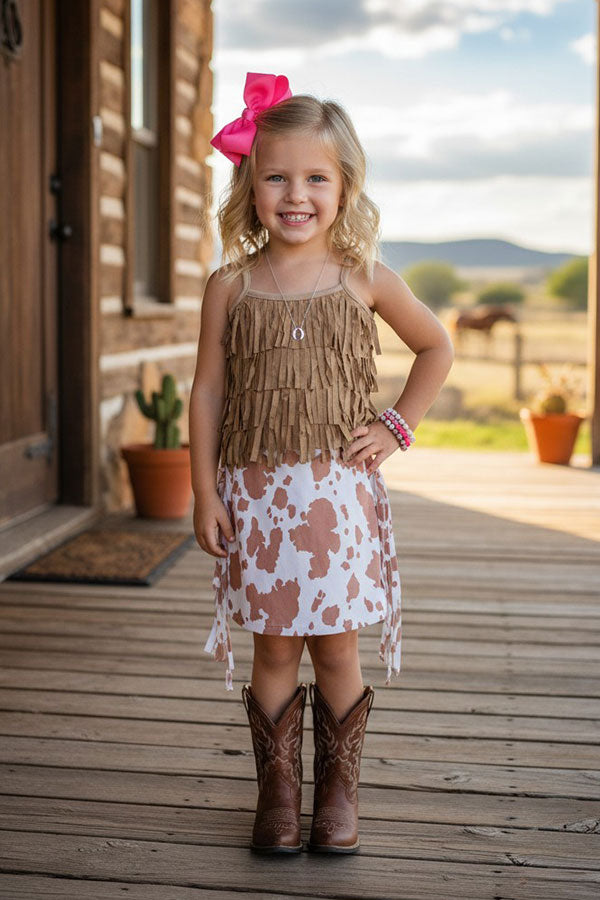 Western cow printed tassels girls boutique skirt DLH2718