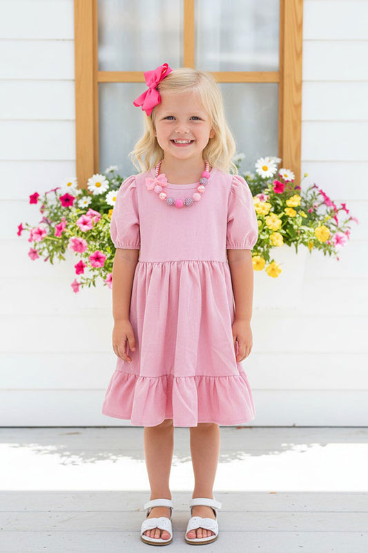 DLH2721 Pink corduroy short sleeve swirl girls dress