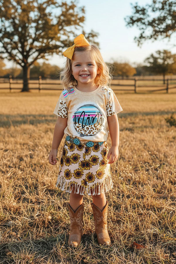 Western funflower denim fabric fringe trim girls boutique skirt DLH2758
