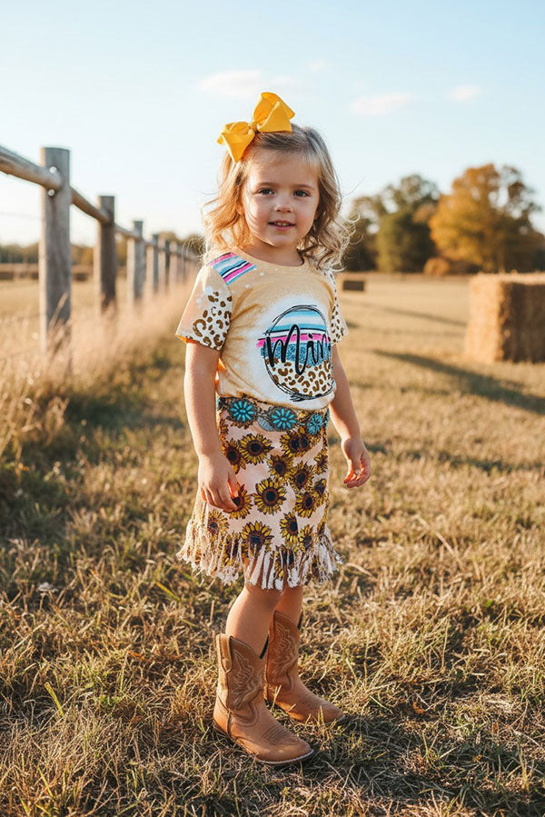 Western funflower denim fabric fringe trim girls boutique skirt DLH2758