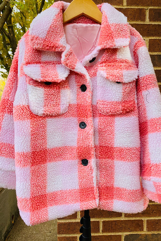 DLH2730 Kids Pink plad sherpa long sleeve girls coat for 6month-12Years