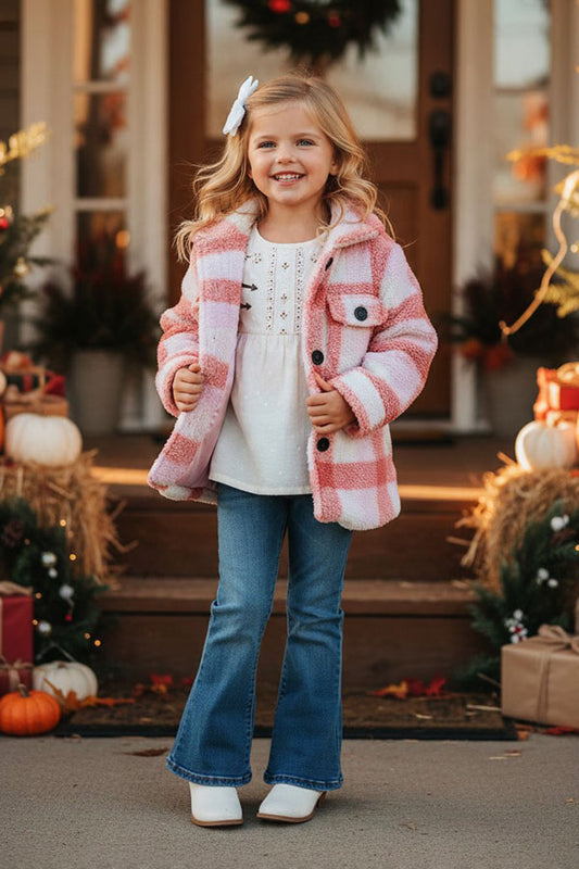 DLH2730 Kids Pink plad sherpa long sleeve girls coat for 6month-12Years