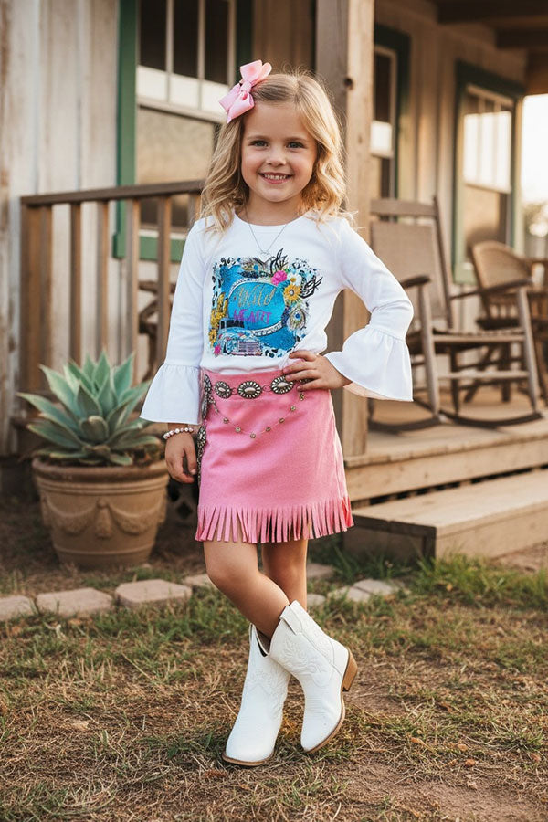 Trendy pink faux suede rhinestone fringe girls boutique skirt DLH2734