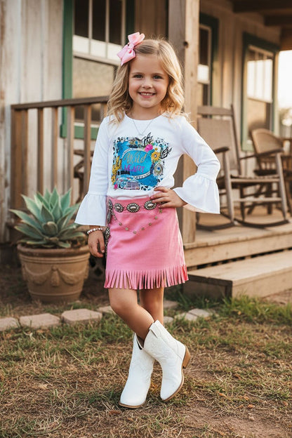 Trendy pink faux suede rhinestone fringe girls boutique skirt DLH2734